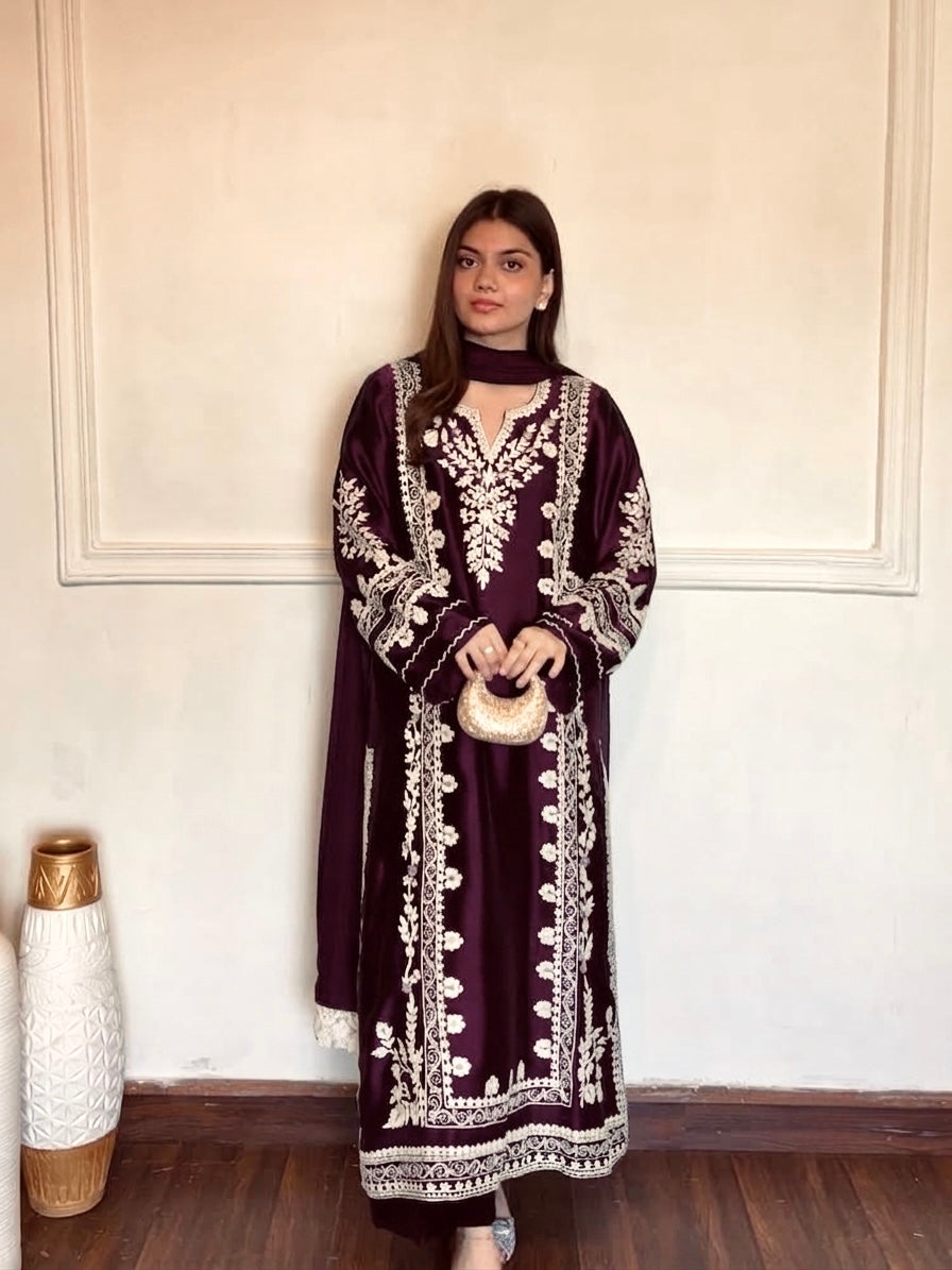Plum Satin Rayon Embroidered Long Kaftan Kurta with Pant & Organza Dupatta Set