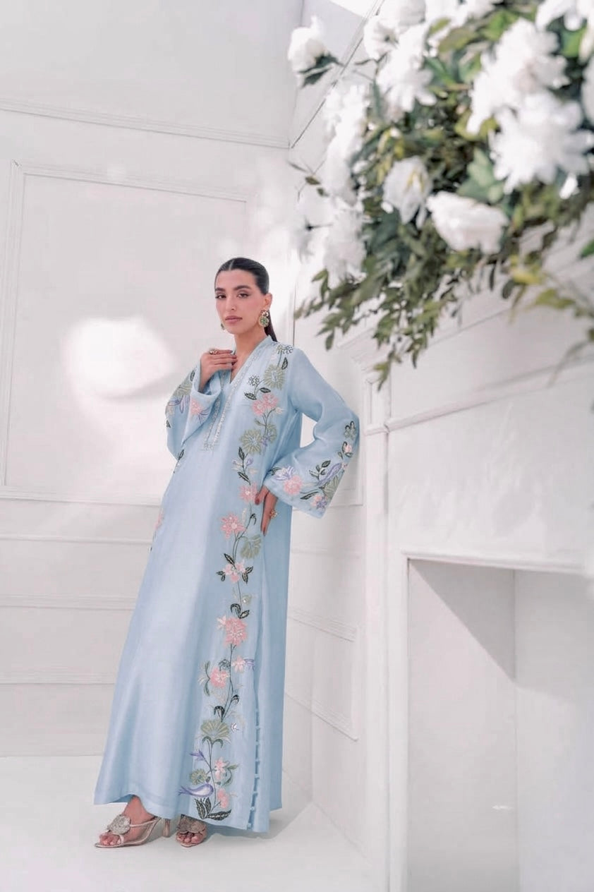 Embroidered Roman Glass Oversized Kaftan Set with Bottom & Dupatta