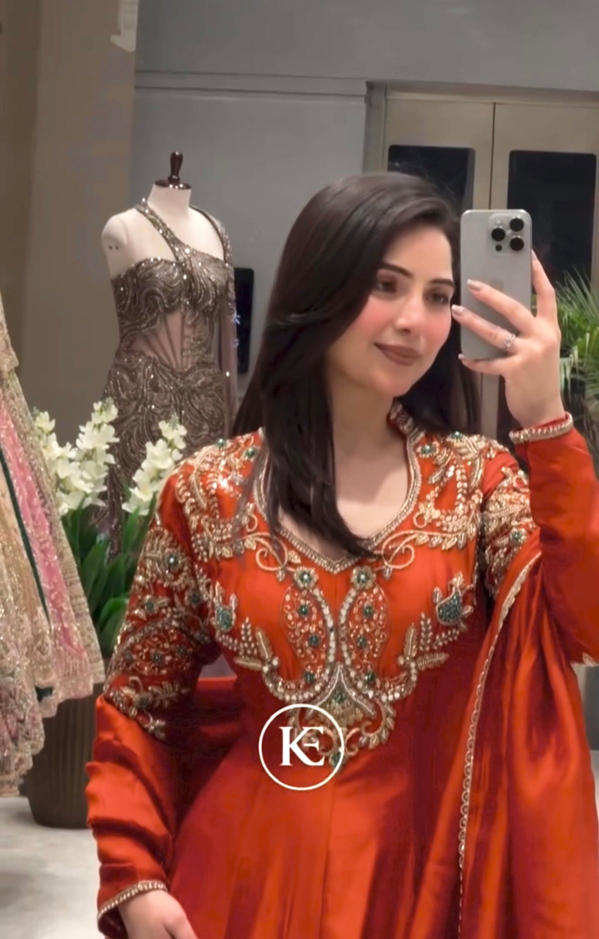 Rust Orange Roman Silk Anarkali Gown with Palazzo & Dupatta – Embroidered Party Wear Set