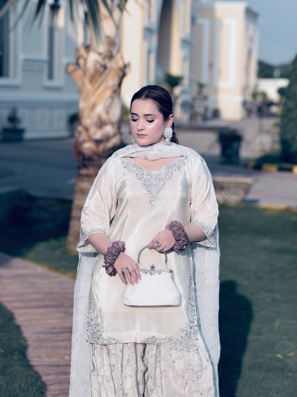 Embroidered Natural Crepe Farshi Palazzo Set with Dupatta