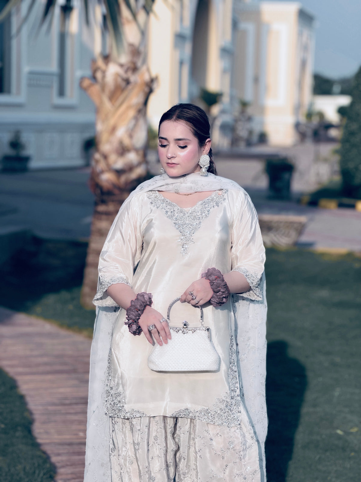 Embroidered Natural Crepe Farshi Palazzo Set with Dupatta
