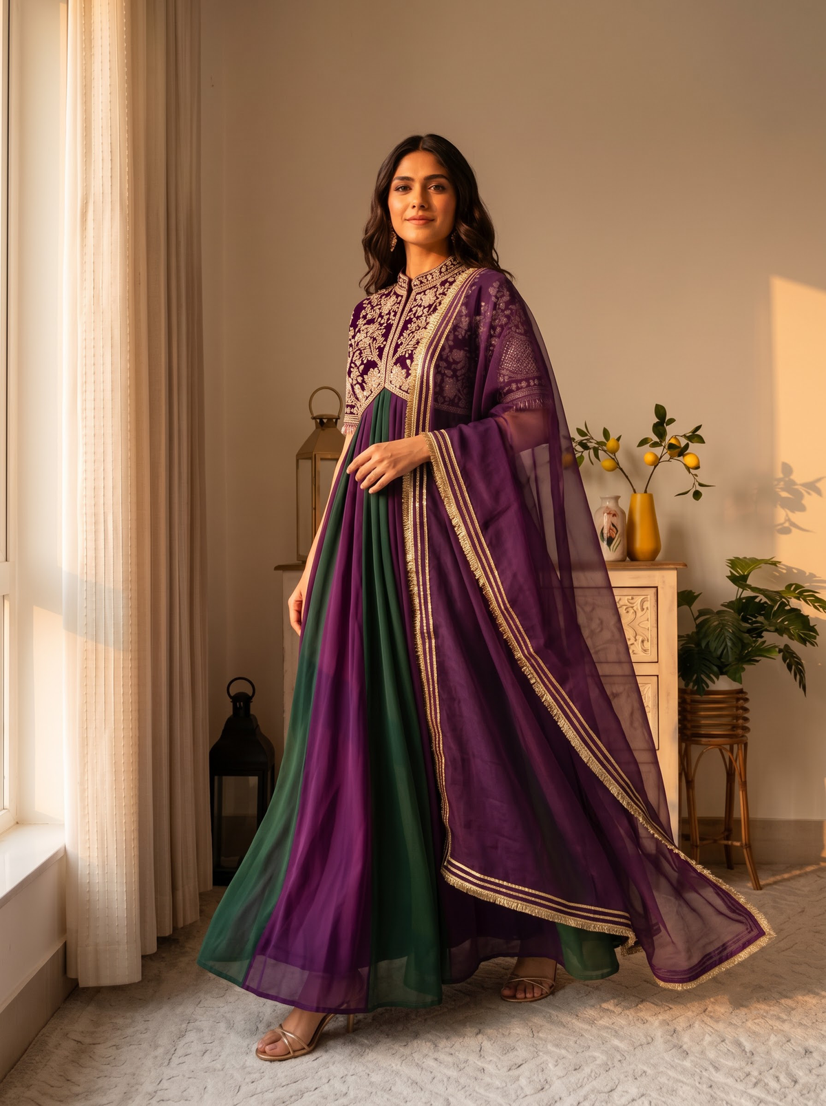 Embroidered Moss Silk Anarkali Gown Set with Dupatta & Bottom