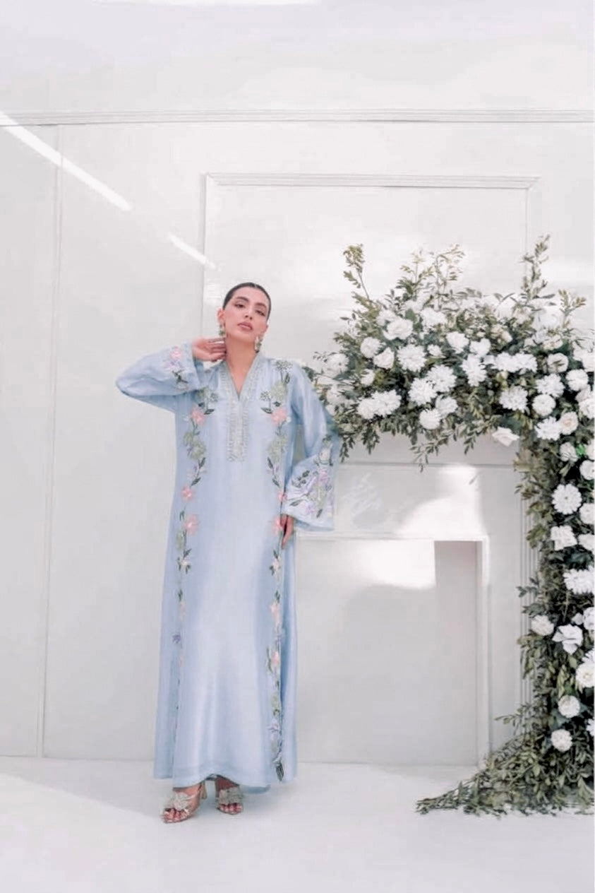 Embroidered Roman Glass Oversized Kaftan Set with Bottom & Dupatta