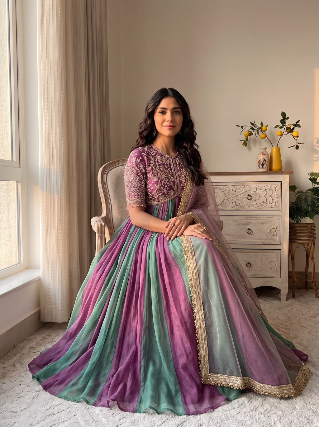 Embroidered Moss Silk Anarkali Gown Set with Dupatta & Bottom