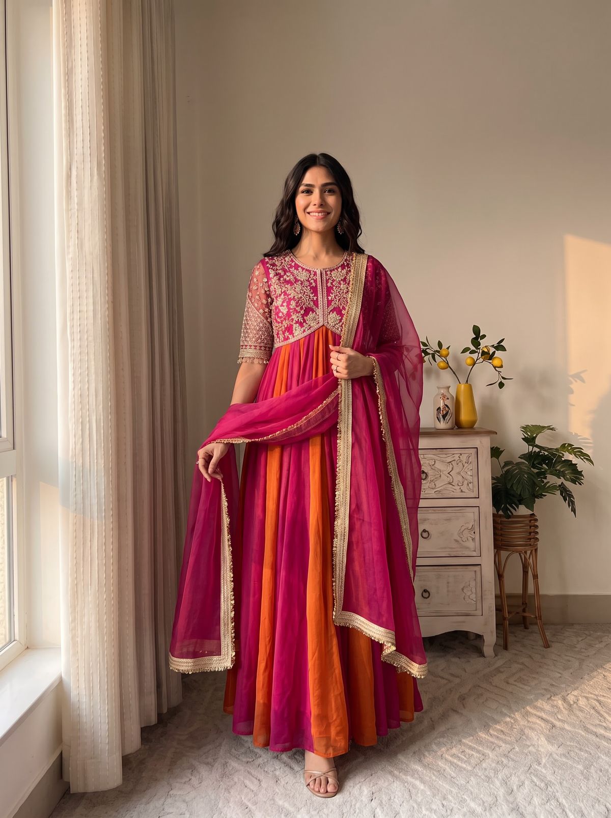 Embroidered Moss Silk Anarkali Gown Set with Dupatta & Bottom