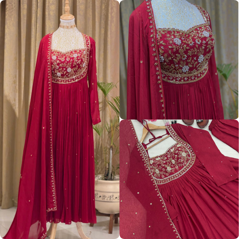 Maroon Rangoli Crush Embroidered Anarkali Gown with Pant & Dupatta – Party Wear Set