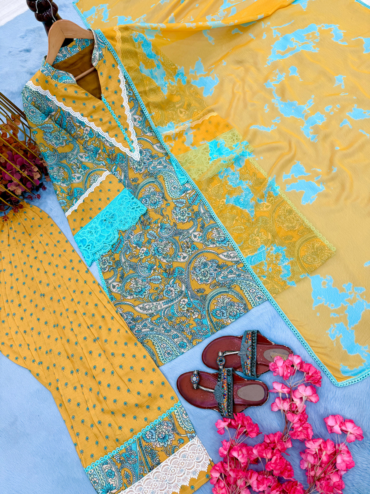 Printed Cambric Cotton Farshi Palazzo Set with Dupatta
