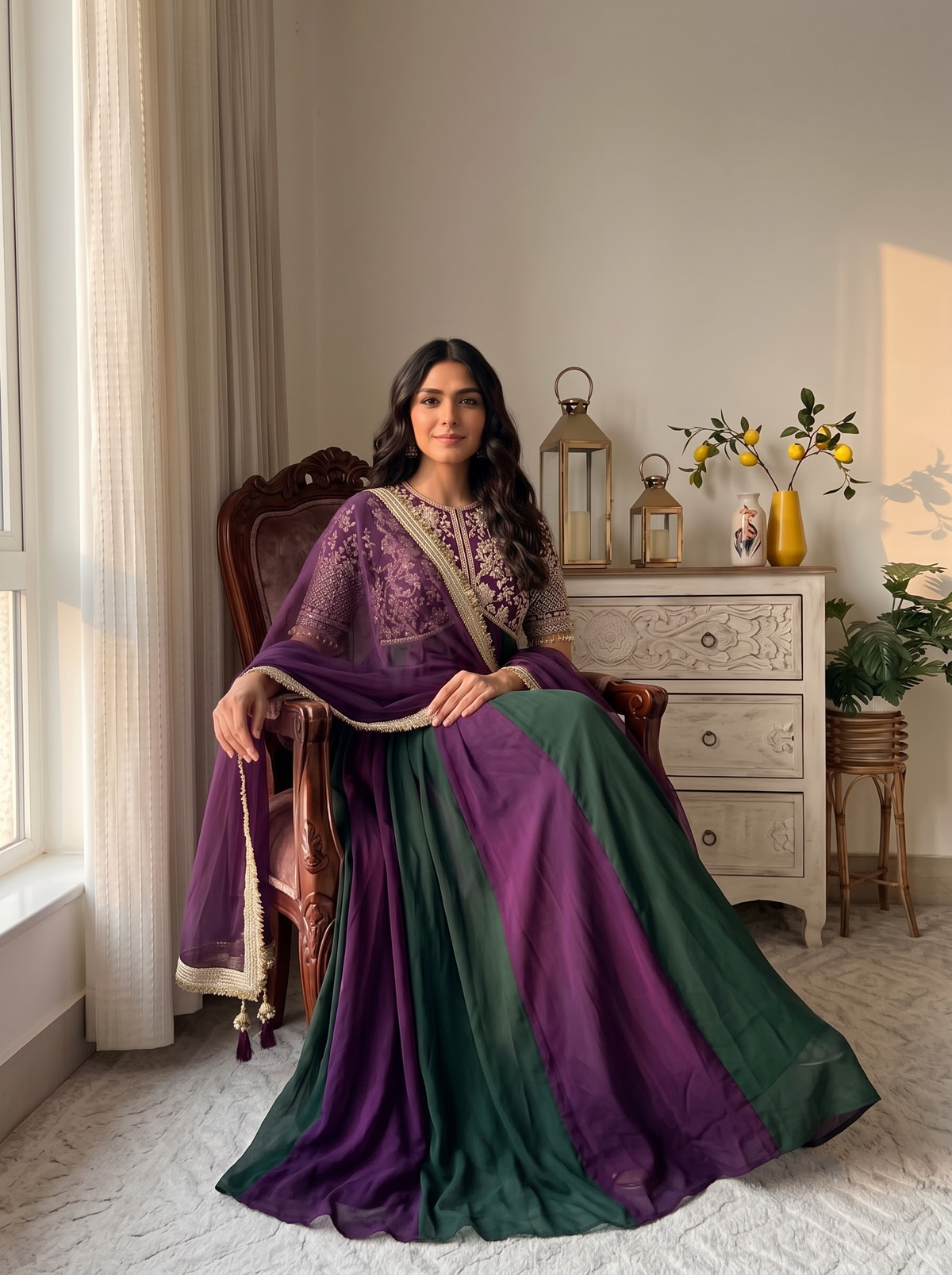 Embroidered Moss Silk Anarkali Gown Set with Dupatta & Bottom