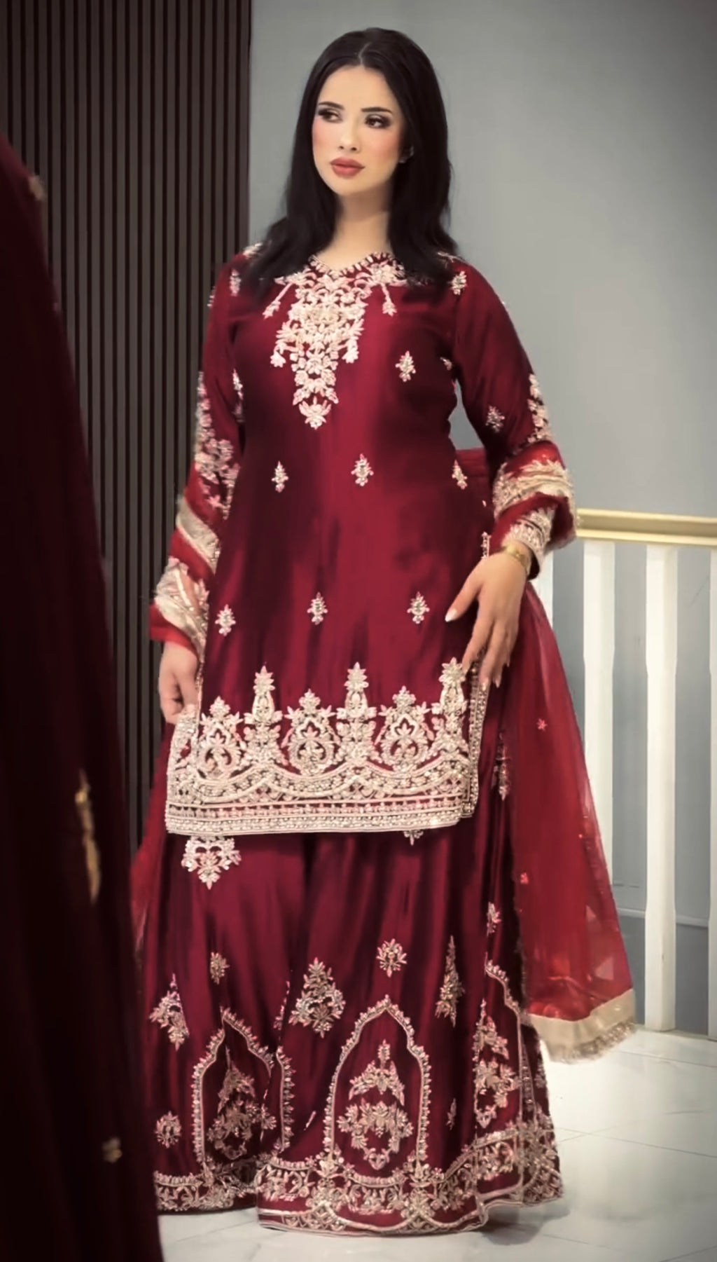Wine Red Glass Satin Embroidered Kurta with Palazzo & Organza Dupatta – Party Wear Set