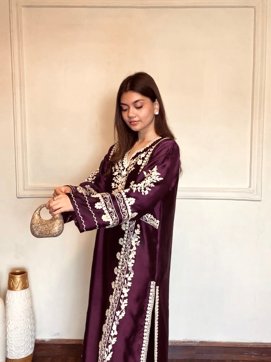 Plum Satin Rayon Embroidered Long Kaftan Kurta with Pant & Organza Dupatta Set