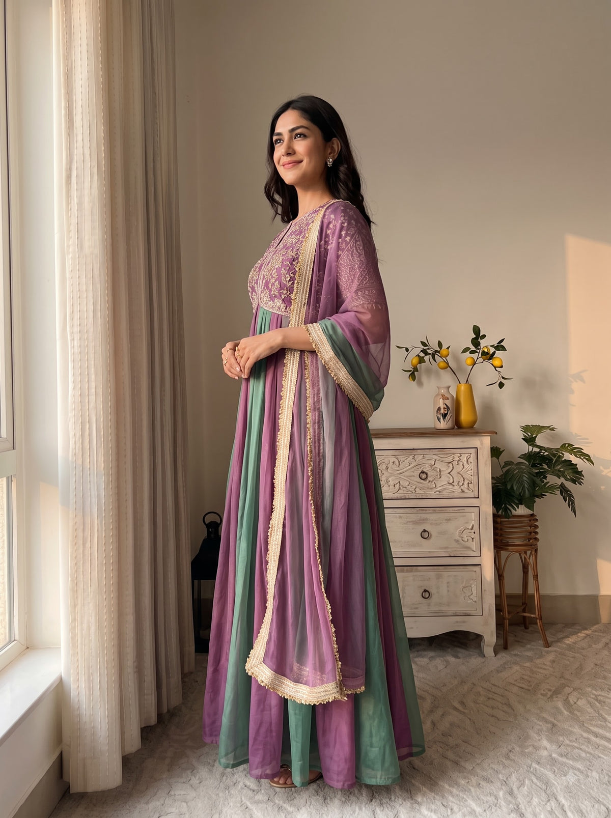 Embroidered Moss Silk Anarkali Gown Set with Dupatta & Bottom