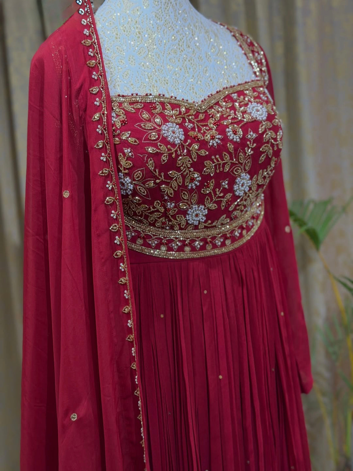 Maroon Rangoli Crush Embroidered Anarkali Gown with Pant & Dupatta – Party Wear Set