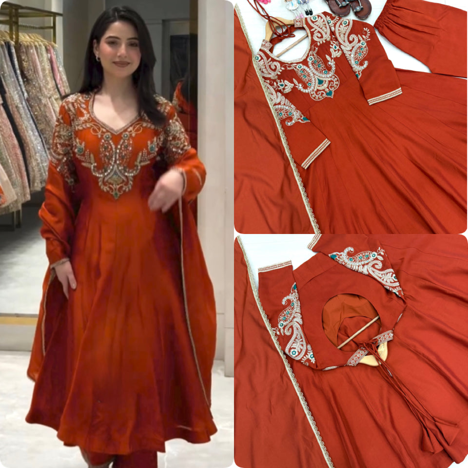 Rust Orange Roman Silk Anarkali Gown with Palazzo & Dupatta – Embroidered Party Wear Set