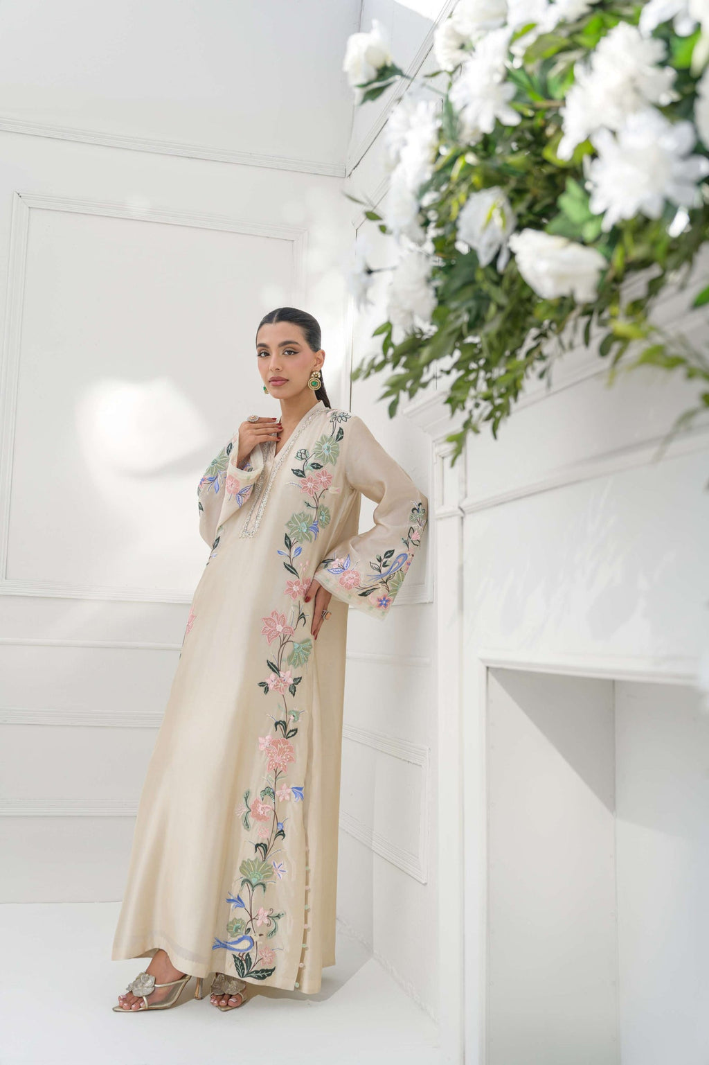 Embroidered Roman Glass Oversized Kaftan Set with Bottom & Dupatta