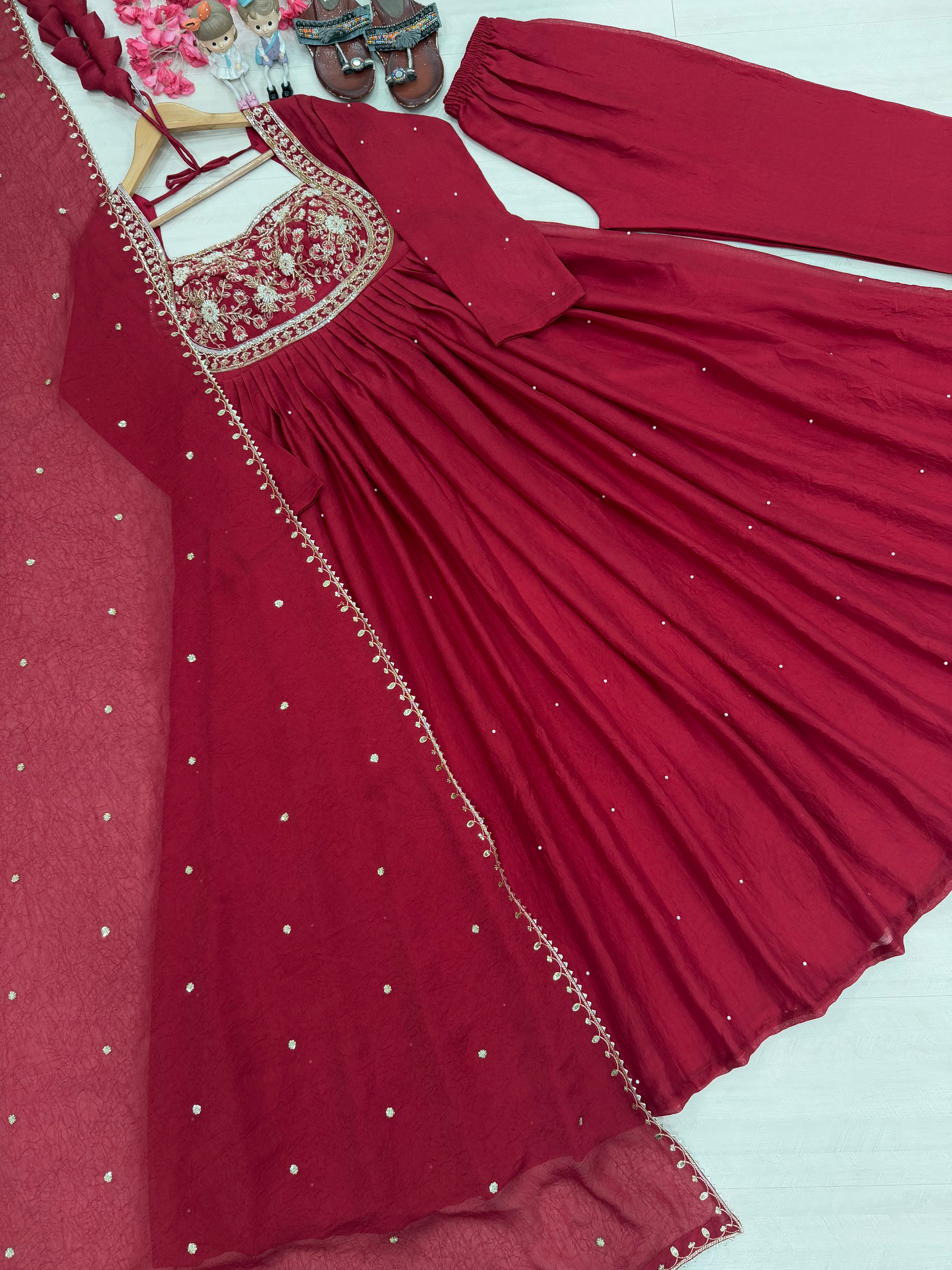 Maroon Rangoli Crush Embroidered Anarkali Gown with Pant & Dupatta – Party Wear Set