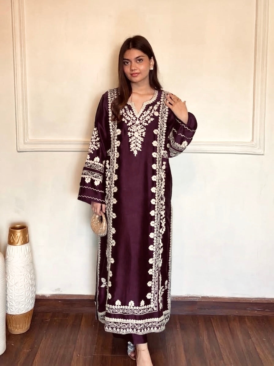 Plum Satin Rayon Embroidered Long Kaftan Kurta with Pant & Organza Dupatta Set