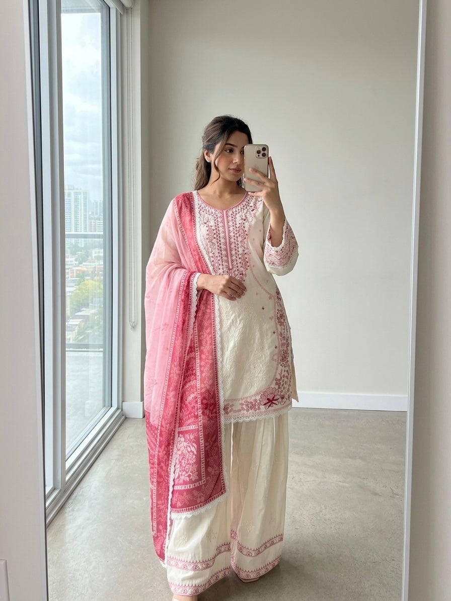 Embroidered Satin Rayon Kurta with Farshi Palazzo & Printed Dupatta Set – Party Wear