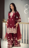 Wine Red Glass Satin Embroidered Kurta with Palazzo & Organza Dupatta – Party Wear Set