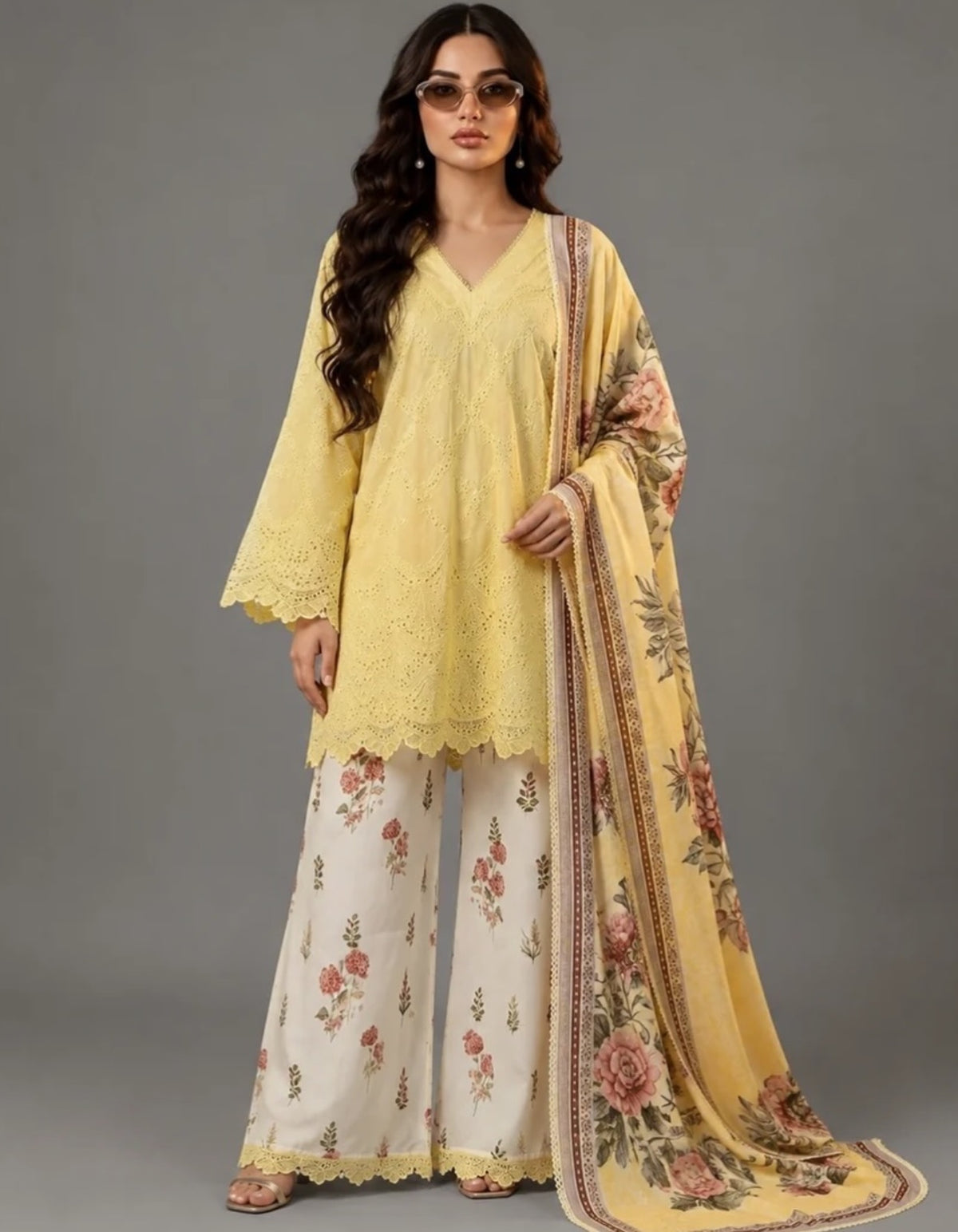 Lemon Yellow Cambric Cotton Eyelet Embroidered Kurta with Printed Palazzo & Dupatta Set