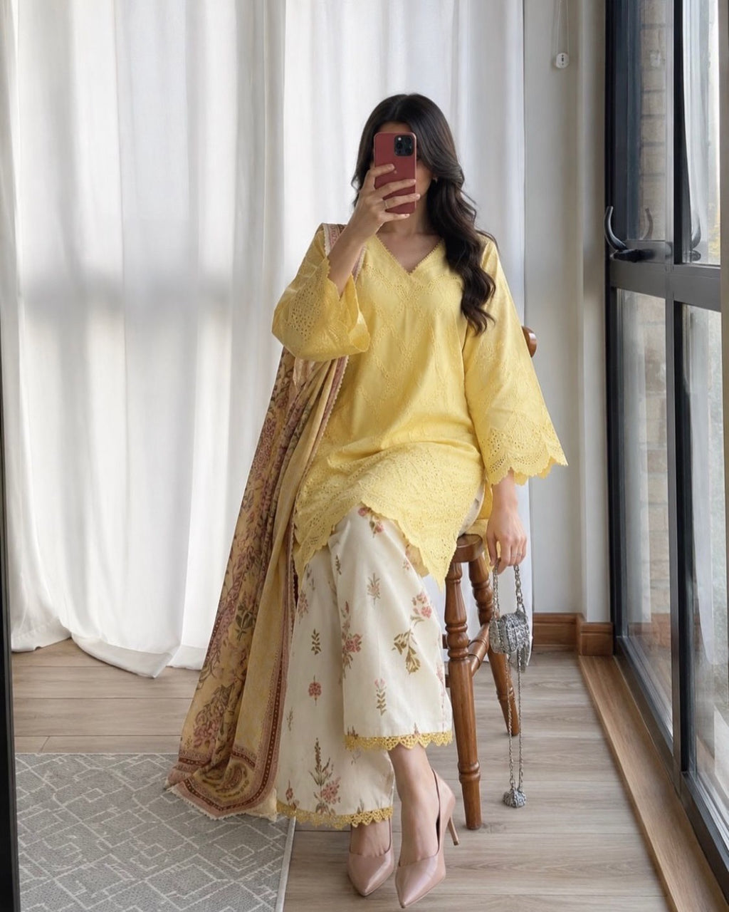 Lemon Yellow Cambric Cotton Eyelet Embroidered Kurta with Printed Palazzo & Dupatta Set