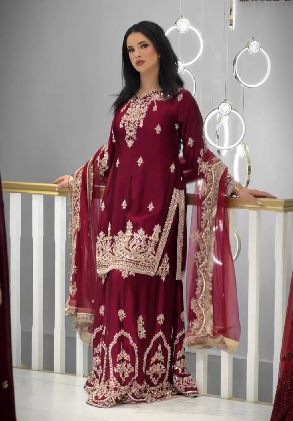 Wine Red Glass Satin Embroidered Kurta with Palazzo & Organza Dupatta – Party Wear Set