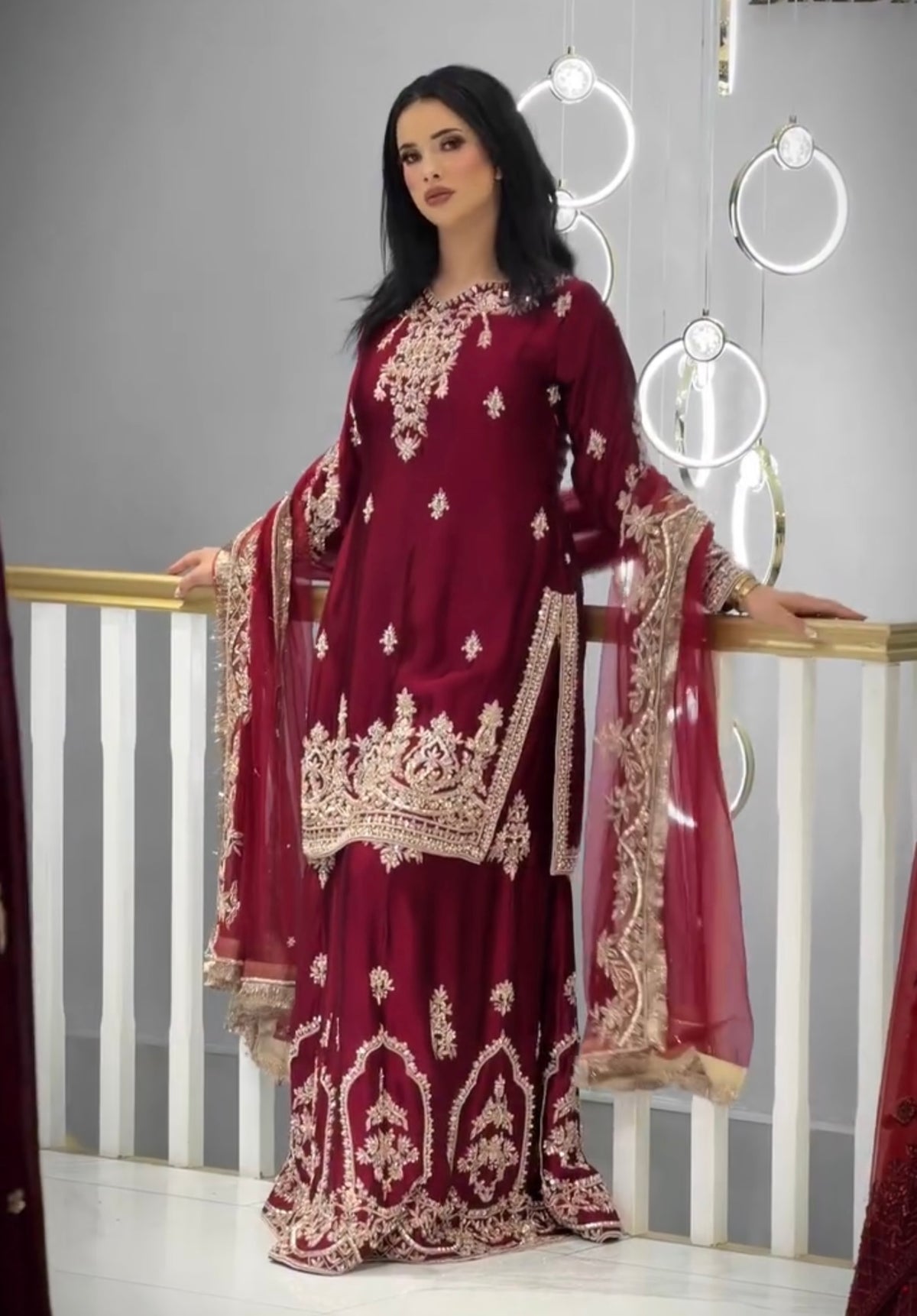 Wine Red Glass Satin Embroidered Kurta with Palazzo & Organza Dupatta – Party Wear Set