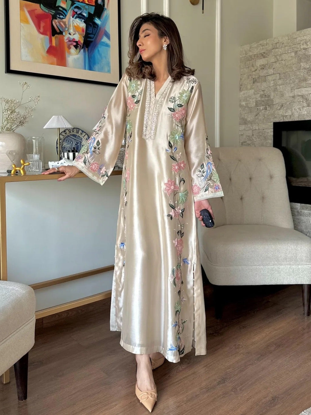 Embroidered Roman Glass Oversized Kaftan Set with Bottom & Dupatta