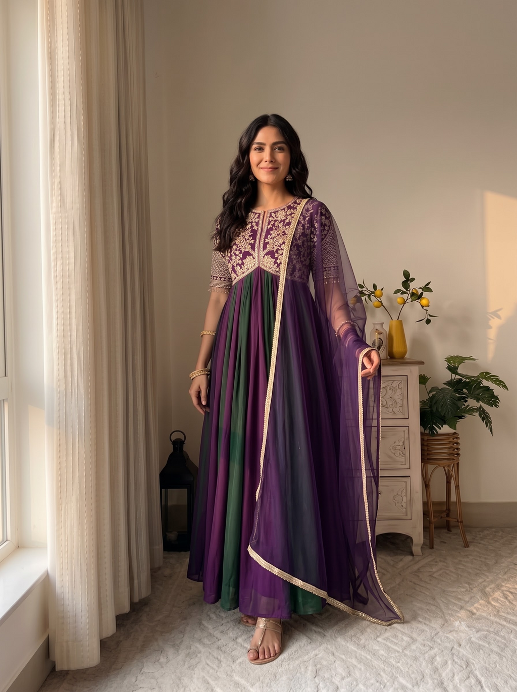 Embroidered Moss Silk Anarkali Gown Set with Dupatta & Bottom