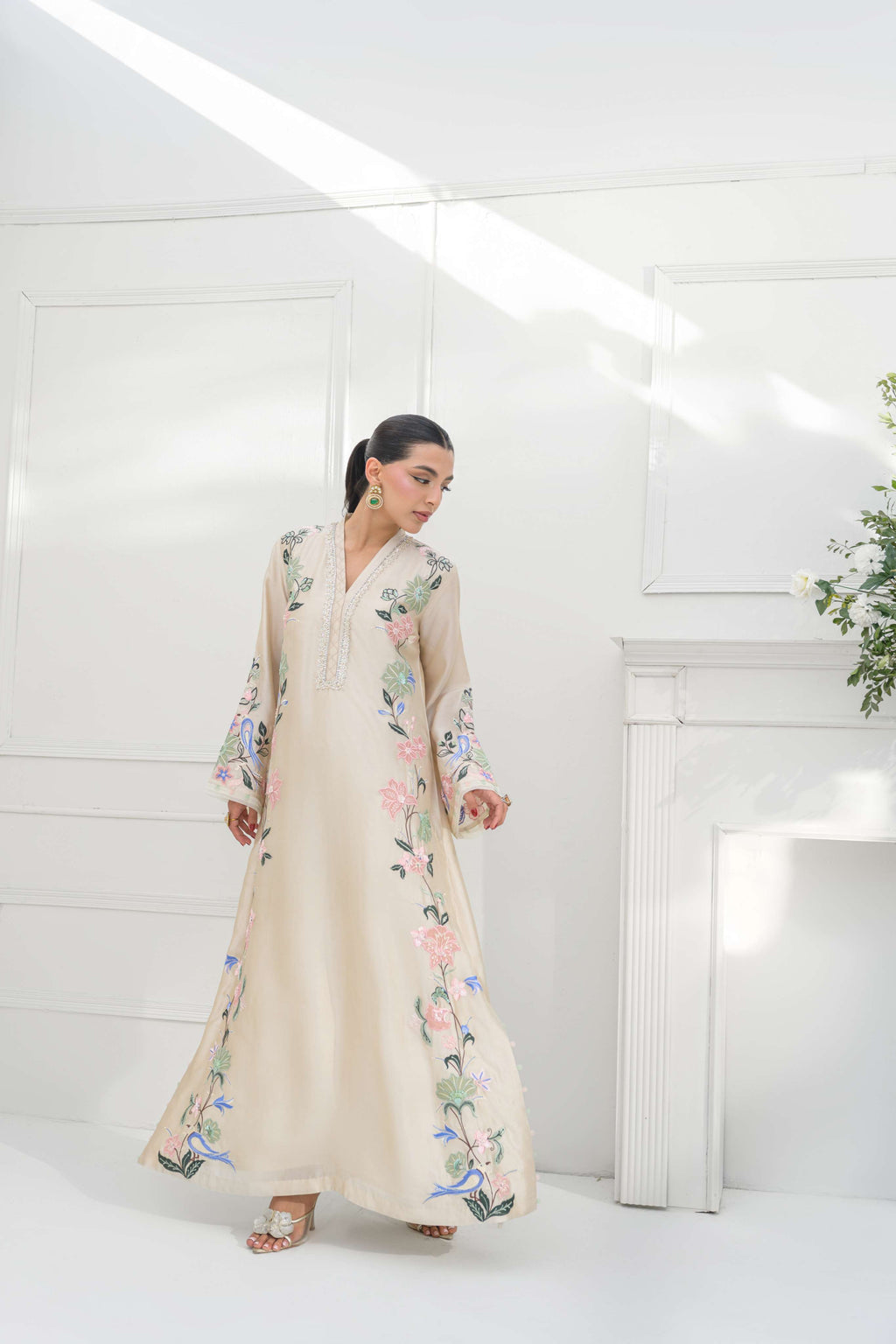 Embroidered Roman Glass Oversized Kaftan Set with Bottom & Dupatta