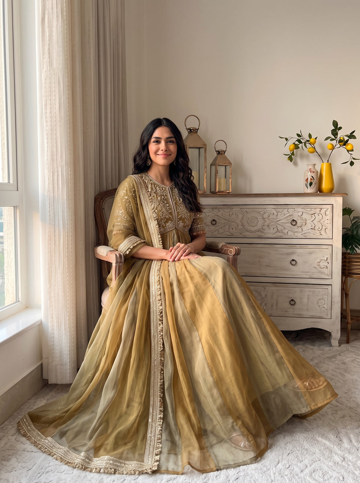 Embroidered Moss Silk Anarkali Gown Set with Dupatta & Bottom