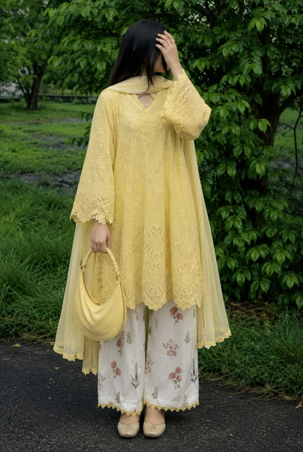 Lemon Yellow Cambric Cotton Eyelet Embroidered Kurta with Printed Palazzo & Dupatta Set