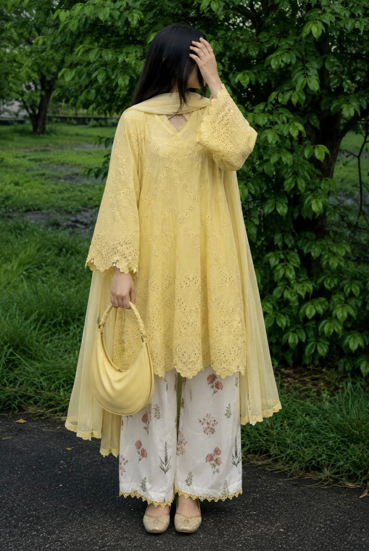 Lemon Yellow Cambric Cotton Eyelet Embroidered Kurta with Printed Palazzo & Dupatta Set