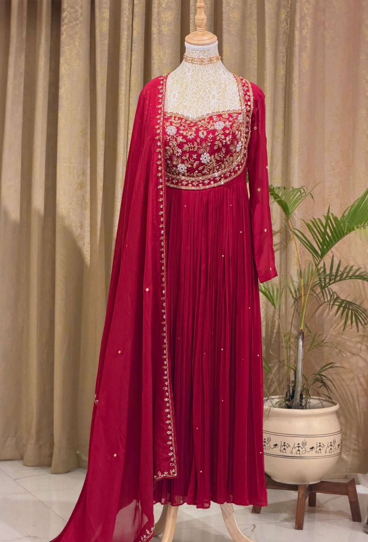 Maroon Rangoli Crush Embroidered Anarkali Gown with Pant & Dupatta – Party Wear Set