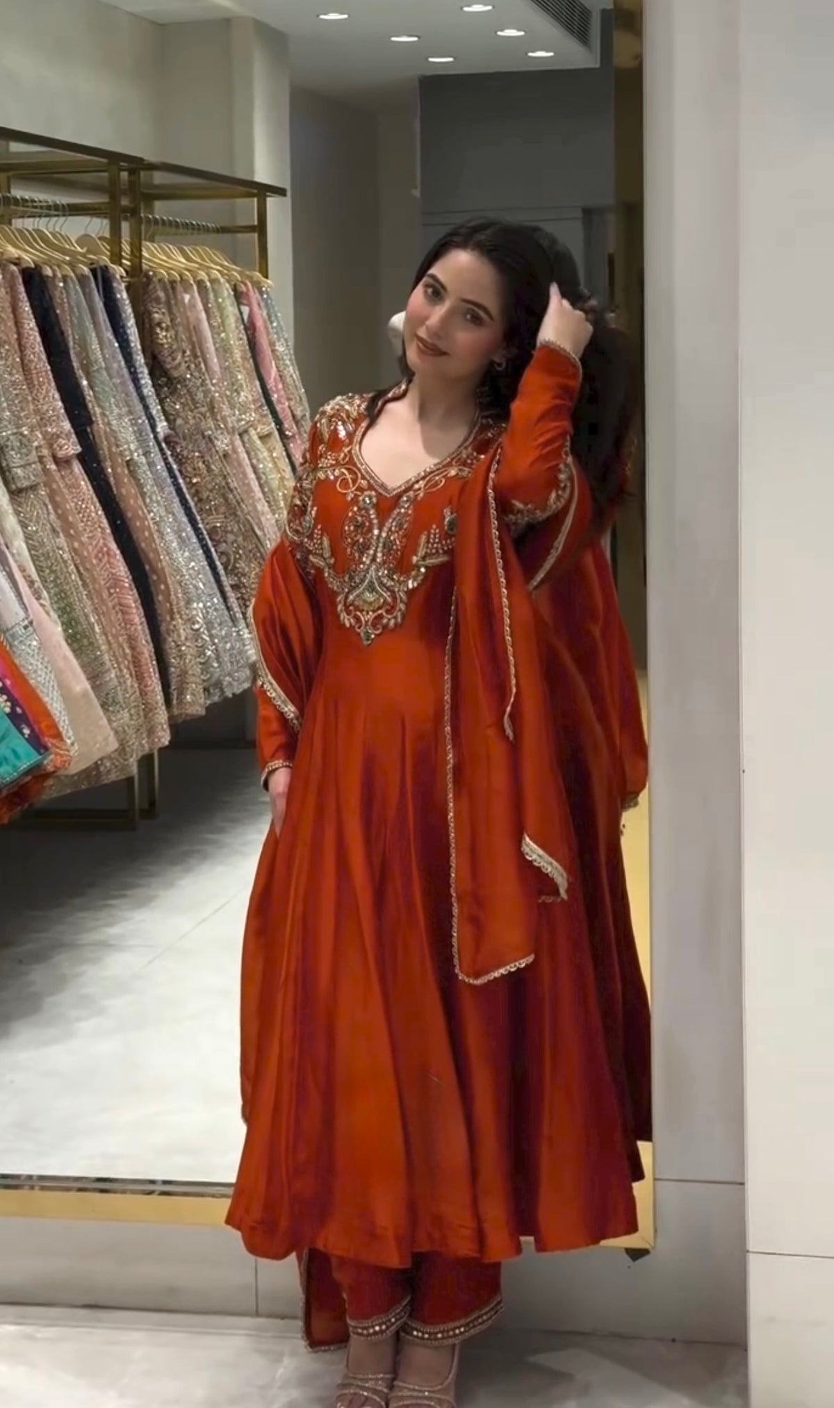 Rust Orange Roman Silk Anarkali Gown with Palazzo & Dupatta – Embroidered Party Wear Set