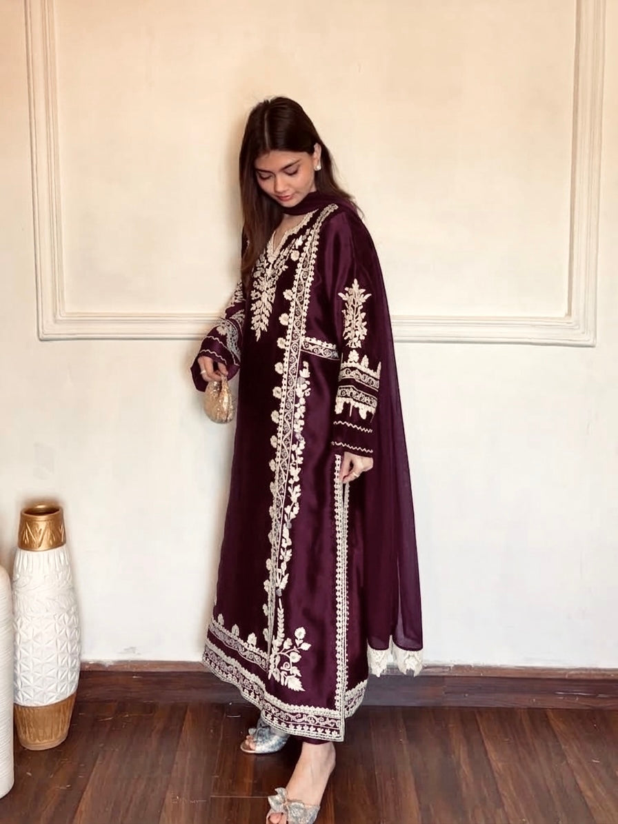 Plum Satin Rayon Embroidered Long Kaftan Kurta with Pant & Organza Dupatta Set