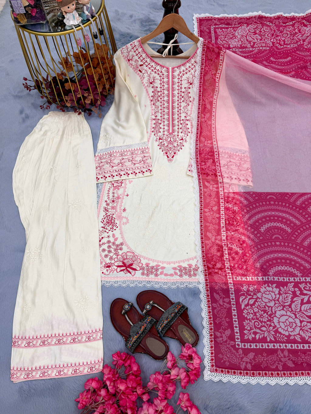 Embroidered Satin Rayon Kurta with Farshi Palazzo & Printed Dupatta Set – Party Wear