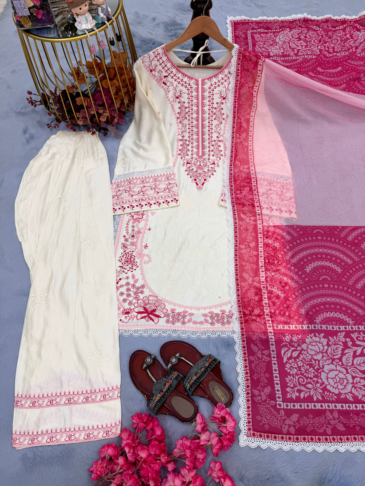 Embroidered Satin Rayon Kurta with Farshi Palazzo & Printed Dupatta Set – Party Wear