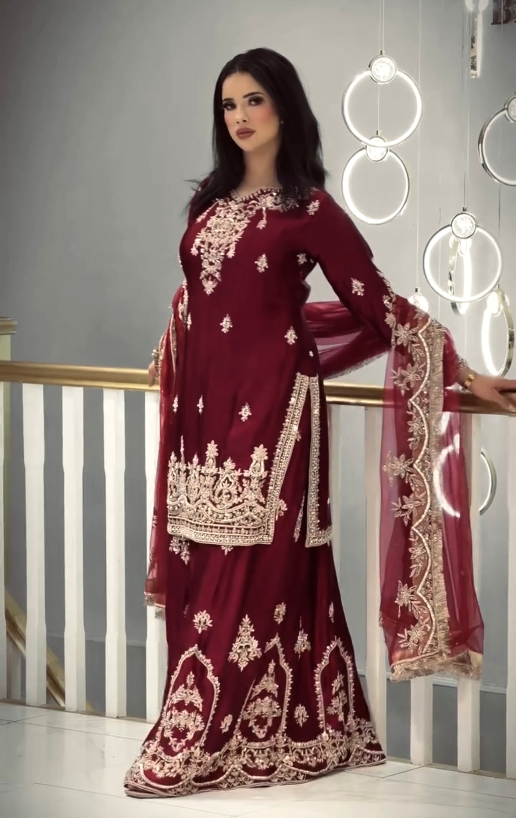 Wine Red Glass Satin Embroidered Kurta with Palazzo & Organza Dupatta – Party Wear Set