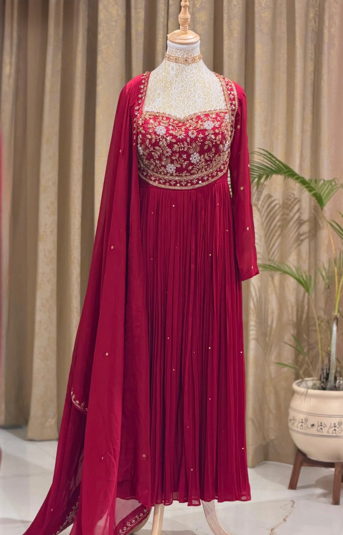 Maroon Rangoli Crush Embroidered Anarkali Gown with Pant & Dupatta – Party Wear Set