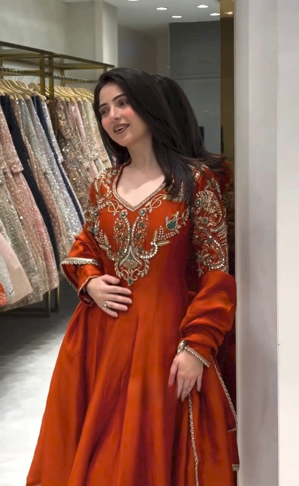 Rust Orange Roman Silk Anarkali Gown with Palazzo & Dupatta – Embroidered Party Wear Set