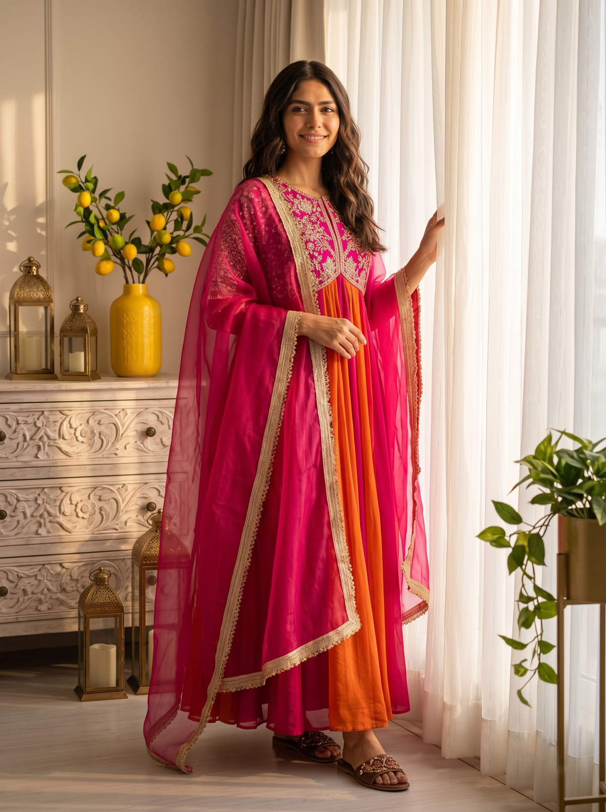 Embroidered Moss Silk Anarkali Gown Set with Dupatta & Bottom