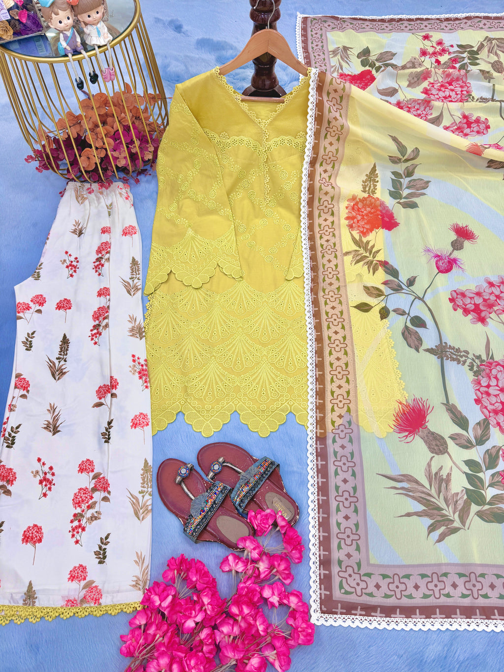 Lemon Yellow Cambric Cotton Eyelet Embroidered Kurta with Printed Palazzo & Dupatta Set