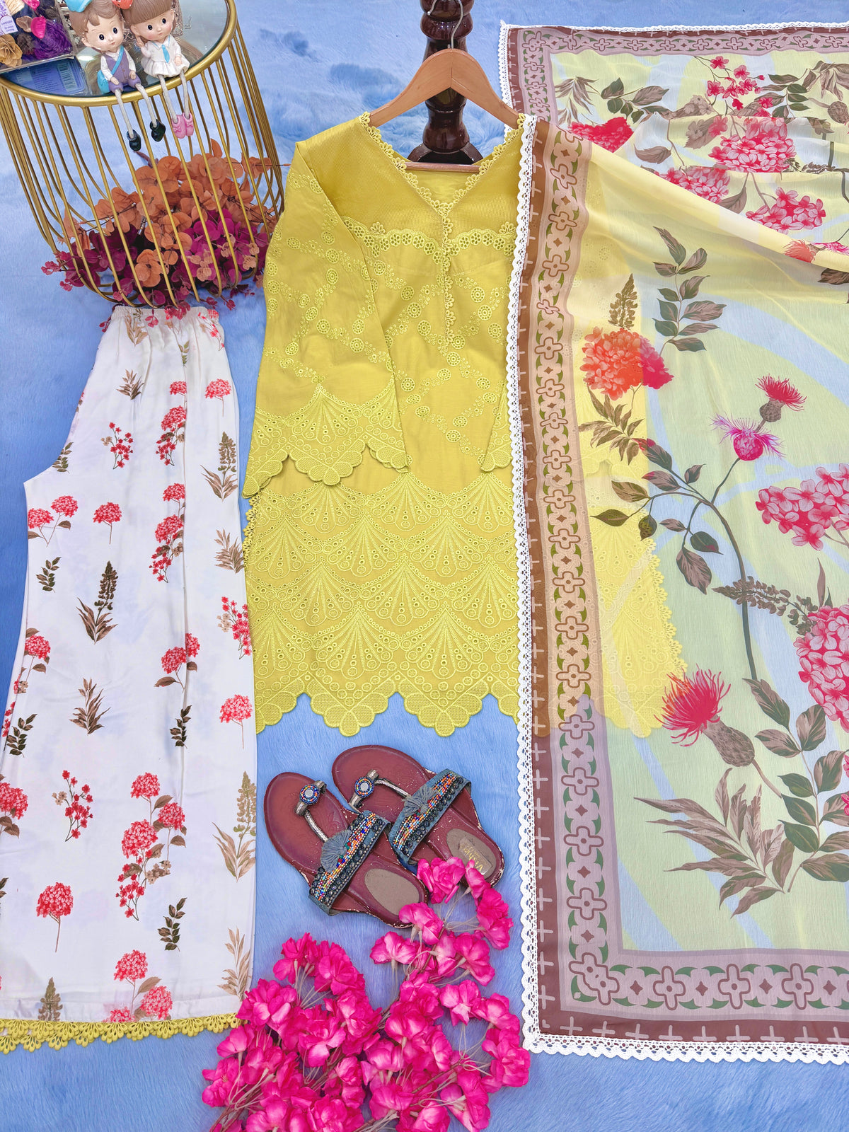 Lemon Yellow Cambric Cotton Eyelet Embroidered Kurta with Printed Palazzo & Dupatta Set