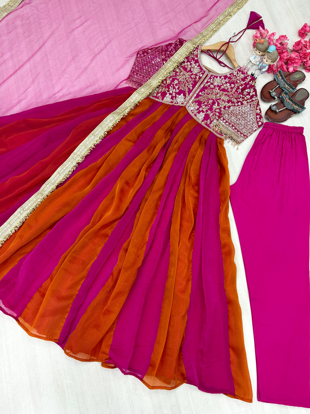 Embroidered Moss Silk Anarkali Gown Set with Dupatta & Bottom