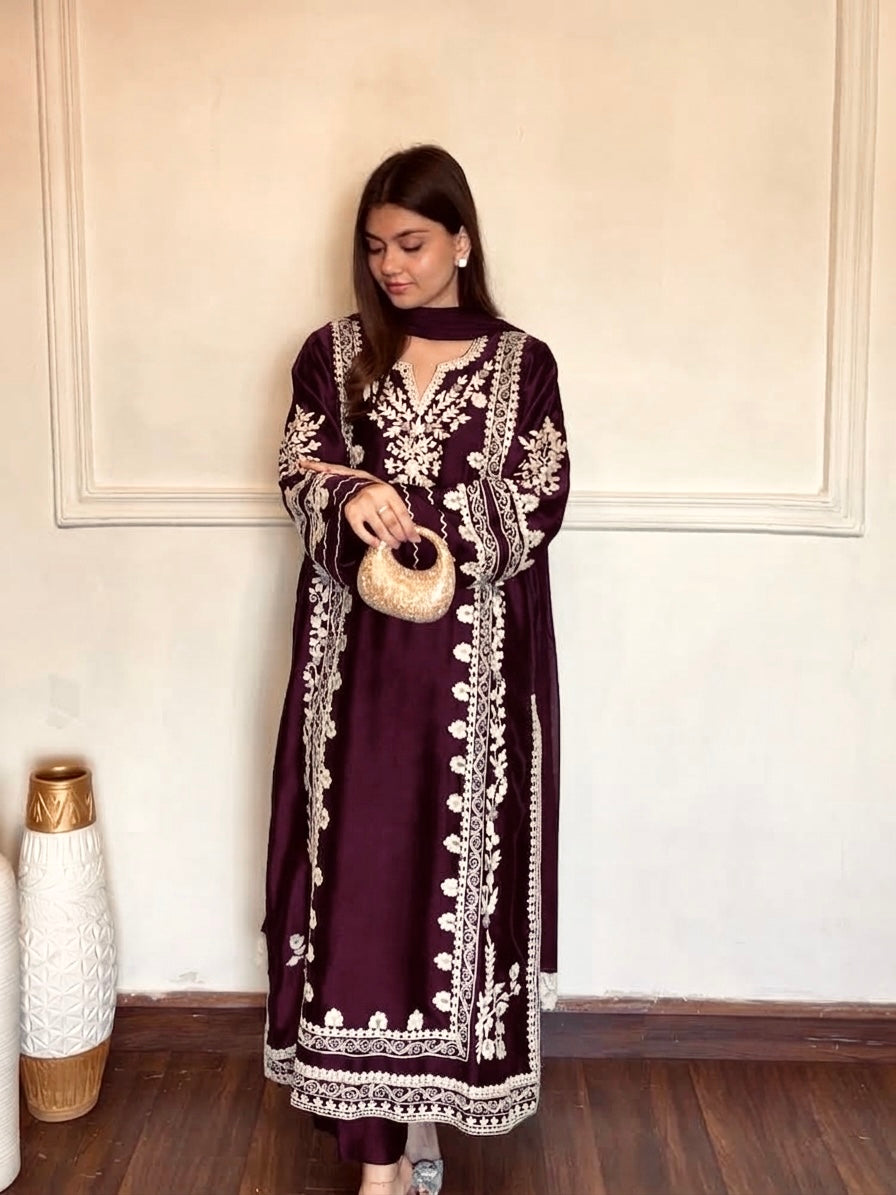 Plum Satin Rayon Embroidered Long Kaftan Kurta with Pant & Organza Dupatta Set