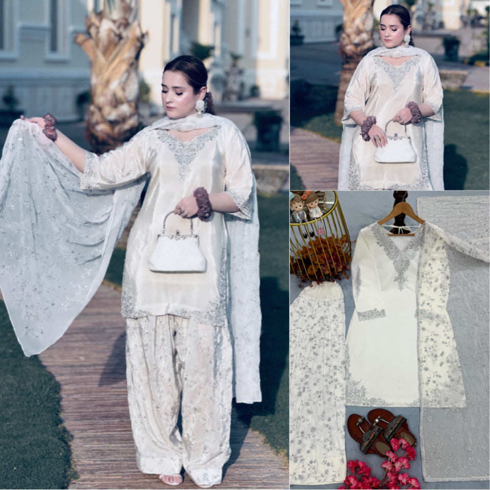 Embroidered Natural Crepe Farshi Palazzo Set with Dupatta