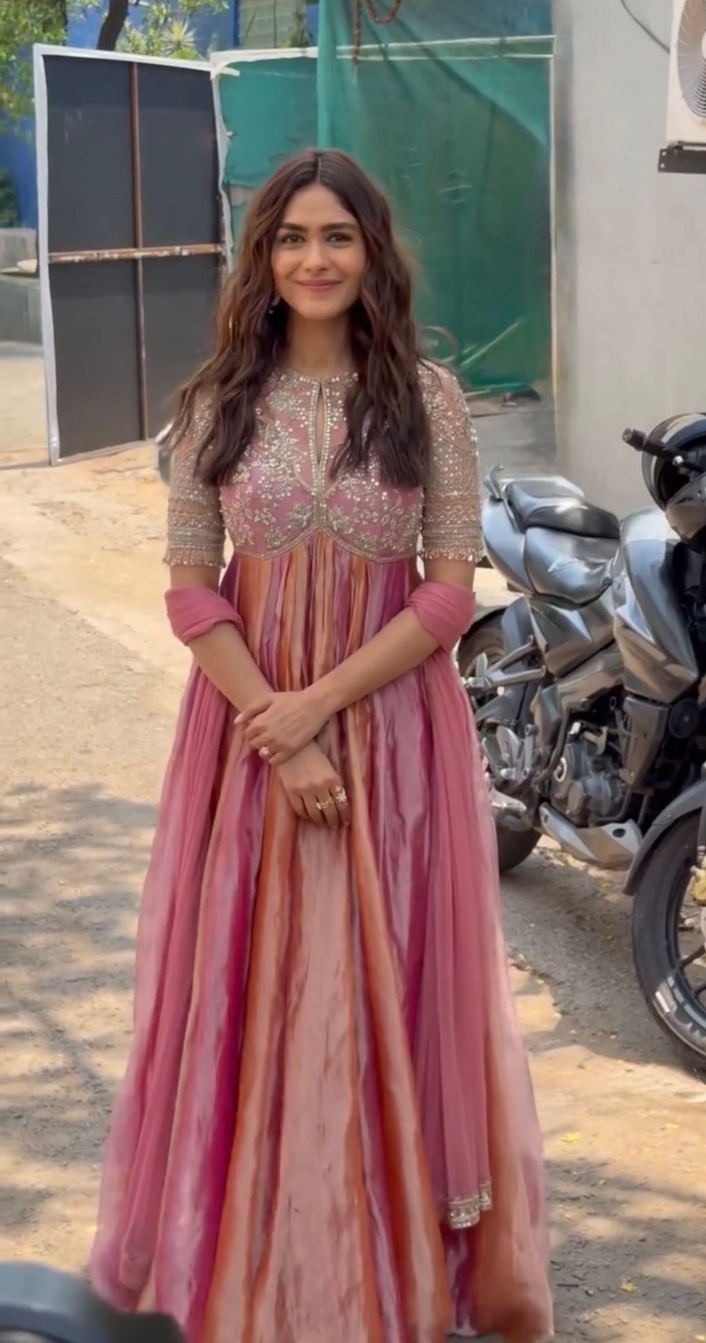 Embroidered Moss Silk Anarkali Gown Set with Dupatta & Bottom