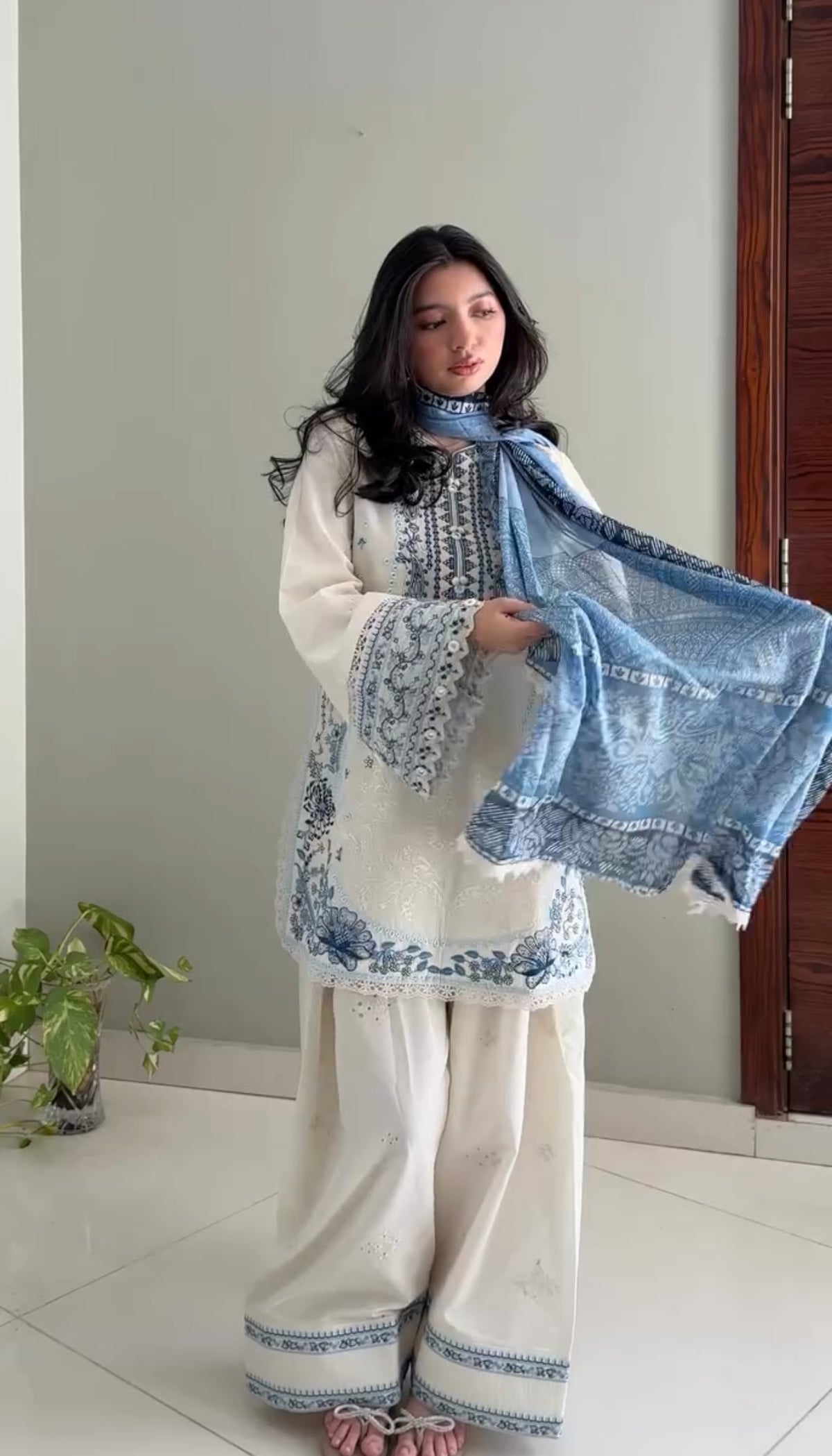 Embroidered Satin Rayon Kurta with Farshi Palazzo & Printed Dupatta Set – Party Wear