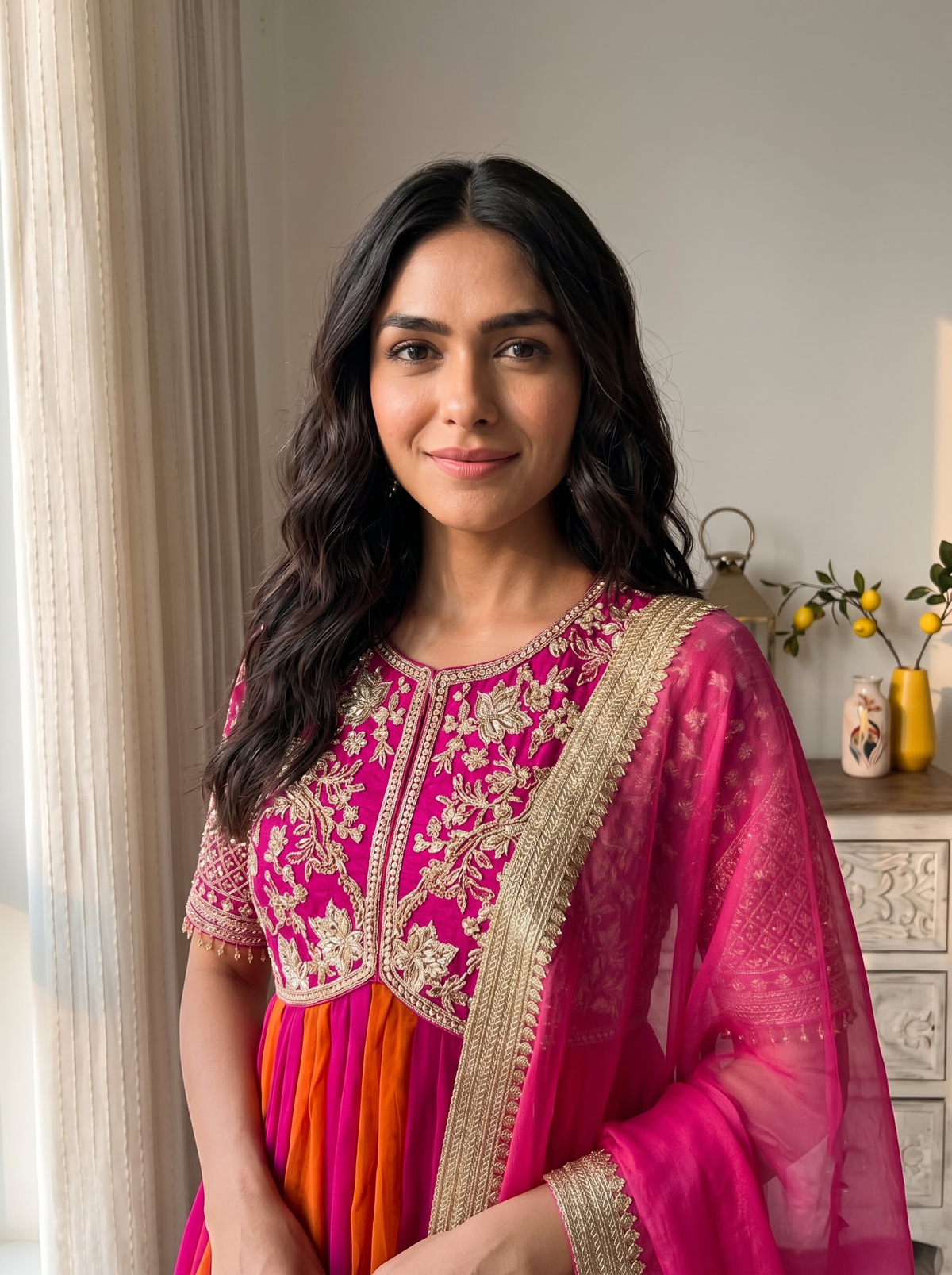 Embroidered Moss Silk Anarkali Gown Set with Dupatta & Bottom
