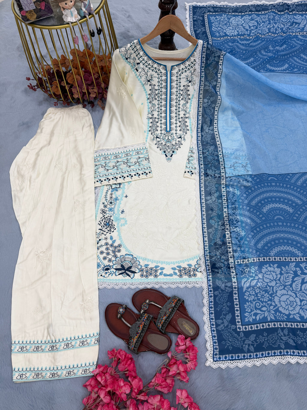 Embroidered Satin Rayon Kurta with Farshi Palazzo & Printed Dupatta Set – Party Wear